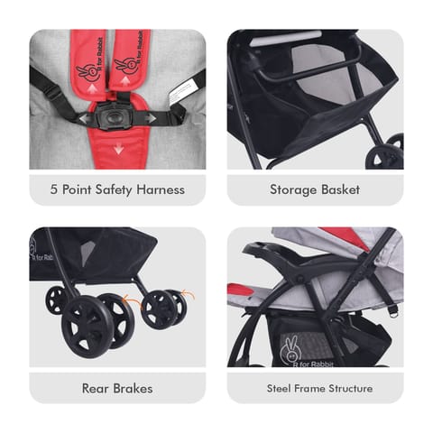 R for Rabbit Sugar Pop Stroller - 3 Position Seat Recline, Easy One Hand Fold, Reversible Handle, UV Resistant Sun Canopy Red Grey