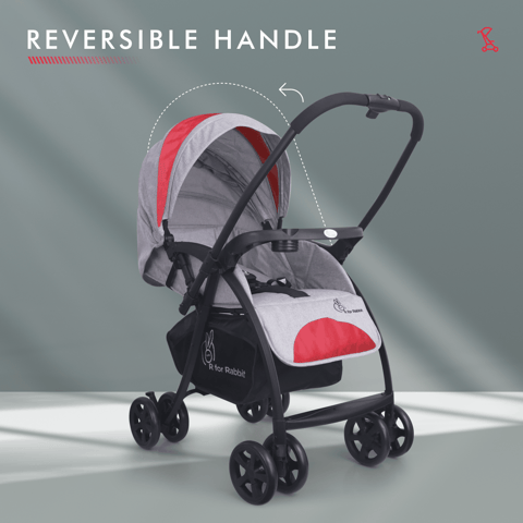 R for Rabbit Sugar Pop Stroller - 3 Position Seat Recline, Easy One Hand Fold, Reversible Handle, UV Resistant Sun Canopy Red Grey