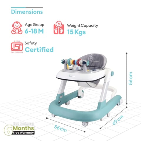 R for Rabbit Little Feet Walker - Detachable Toy Bar/Meal Tray With Music & Light, 2 Level Height/4 Level Seat Adjustment, Anti fall Brake Pads Green