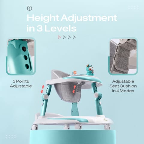 R for Rabbit Little Feet Plus Walker - Detachable Toy Bar/Meal Tray With Music & Light, 3 Level Height/4 Level Seat Adjustment Green