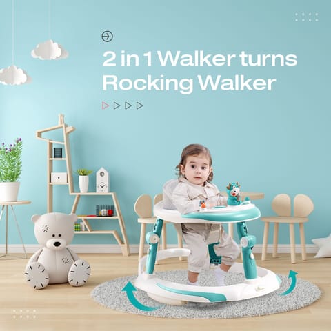 R for Rabbit Little Feet Plus Walker - Detachable Toy Bar/Meal Tray With Music & Light, 3 Level Height/4 Level Seat Adjustment Green