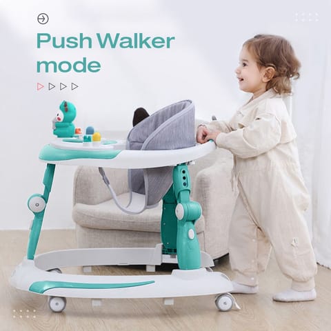 R for Rabbit Little Feet Plus Walker - Detachable Toy Bar/Meal Tray With Music & Light, 3 Level Height/4 Level Seat Adjustment Green
