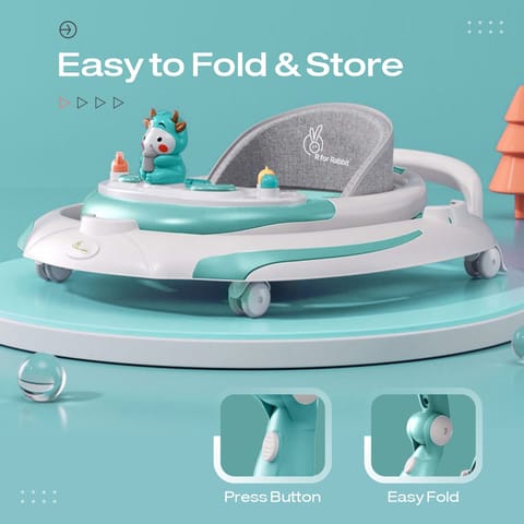 R for Rabbit Little Feet Plus Walker - Detachable Toy Bar/Meal Tray With Music & Light, 3 Level Height/4 Level Seat Adjustment Green