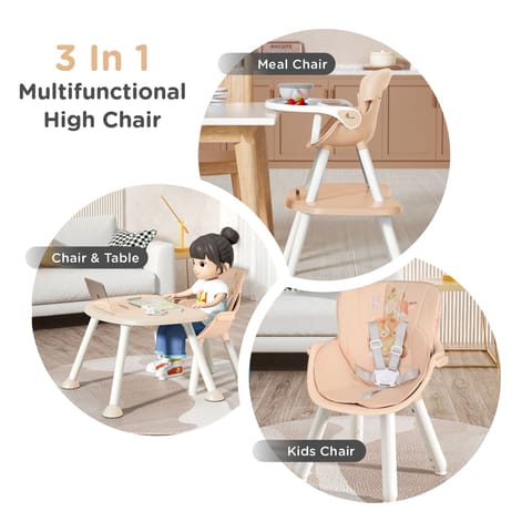 R for Rabbit Cherry Berry Safari Baby High Chair, 3 In 1 Convertible High Chair Cum Kids Study Table Beige