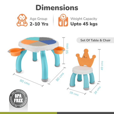 R for Rabbit Little Genius Regal Kids Study Table With Chair Lake Blue- Multi