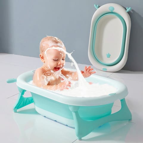 R for Rabbit Bubble Double Aqua Baby Bath Tub Compact Fold & Portable Blue