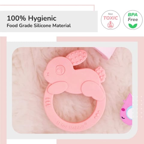 R For Rabbit Tiny Bites Zoobie Baby Silicone Teethers Pack of 1 Crocodile, Rabbit, and Elephant, Pink