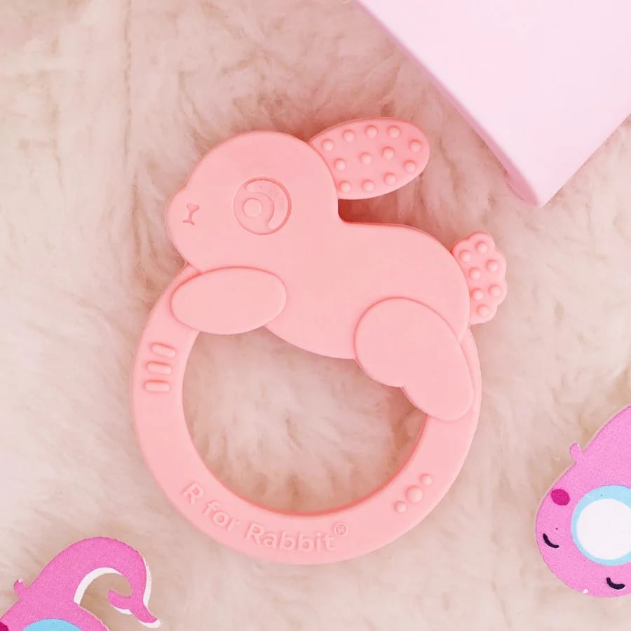 R For Rabbit Tiny Bites Zoobie Baby Silicone Teethers Pack of 1 Crocodile, Rabbit, and Elephant, Pink