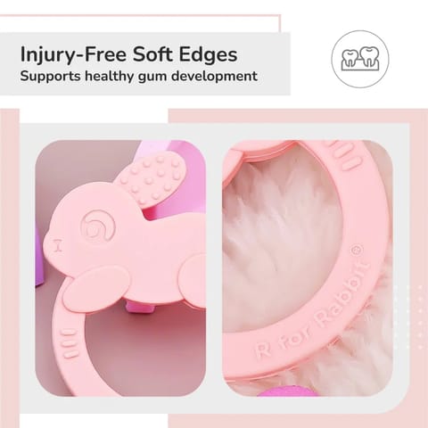 R For Rabbit Tiny Bites Zoobie Baby Silicone Teethers Pack of 1 Crocodile, Rabbit, and Elephant, Pink