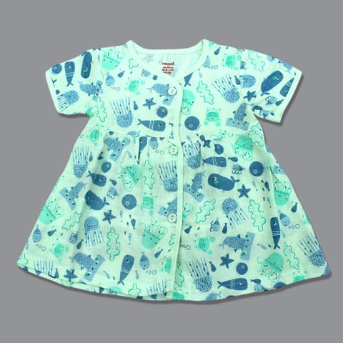 Baby Girl Organic cotton HalfSleeve Printed Button Frock - Light Green (New Born)