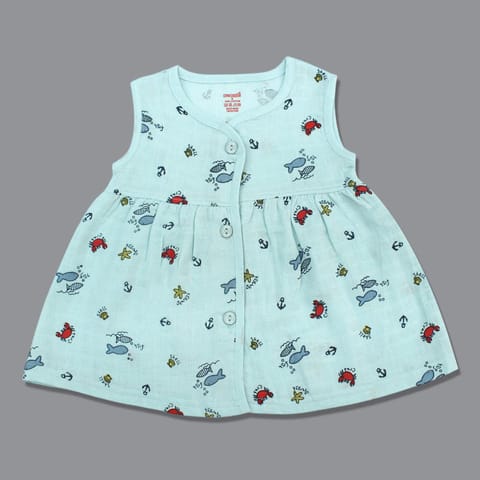 Baby Girl Organic cotton Sleeveles Printed Button Frock - Light Blue (New Born)