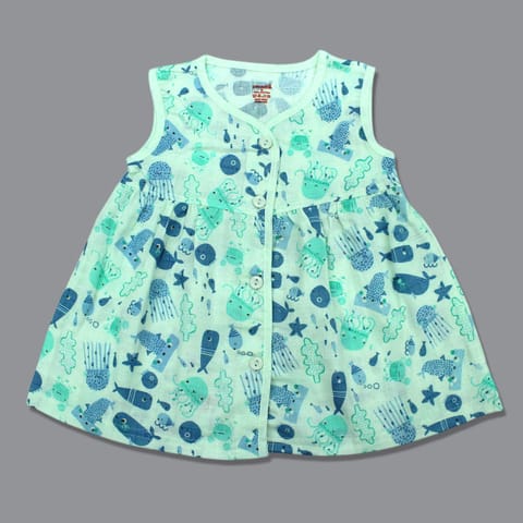 Baby Girl Organic cotton Sleeveles Printed Button Frock - Light Green (New Born)