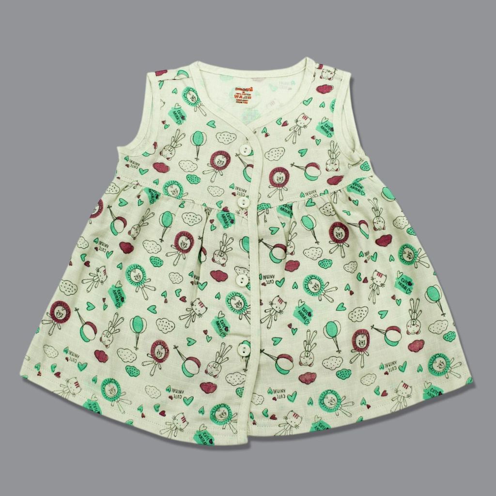 Baby Girl Organic cotton Sleeveles Printed Button Frock - Light Yellow (New Born)