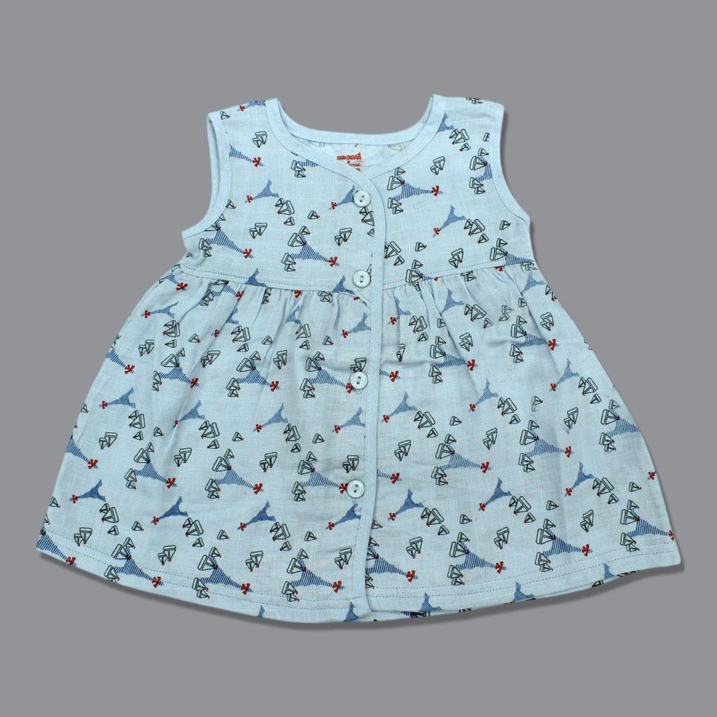 Baby Girl Organic cotton Sleeveles Printed Button Frock - Blue (New Born)