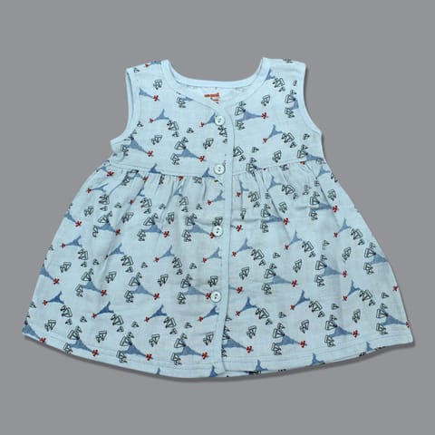 Baby Girl Organic cotton Sleeveles Printed Button Frock - Blue (New Born)