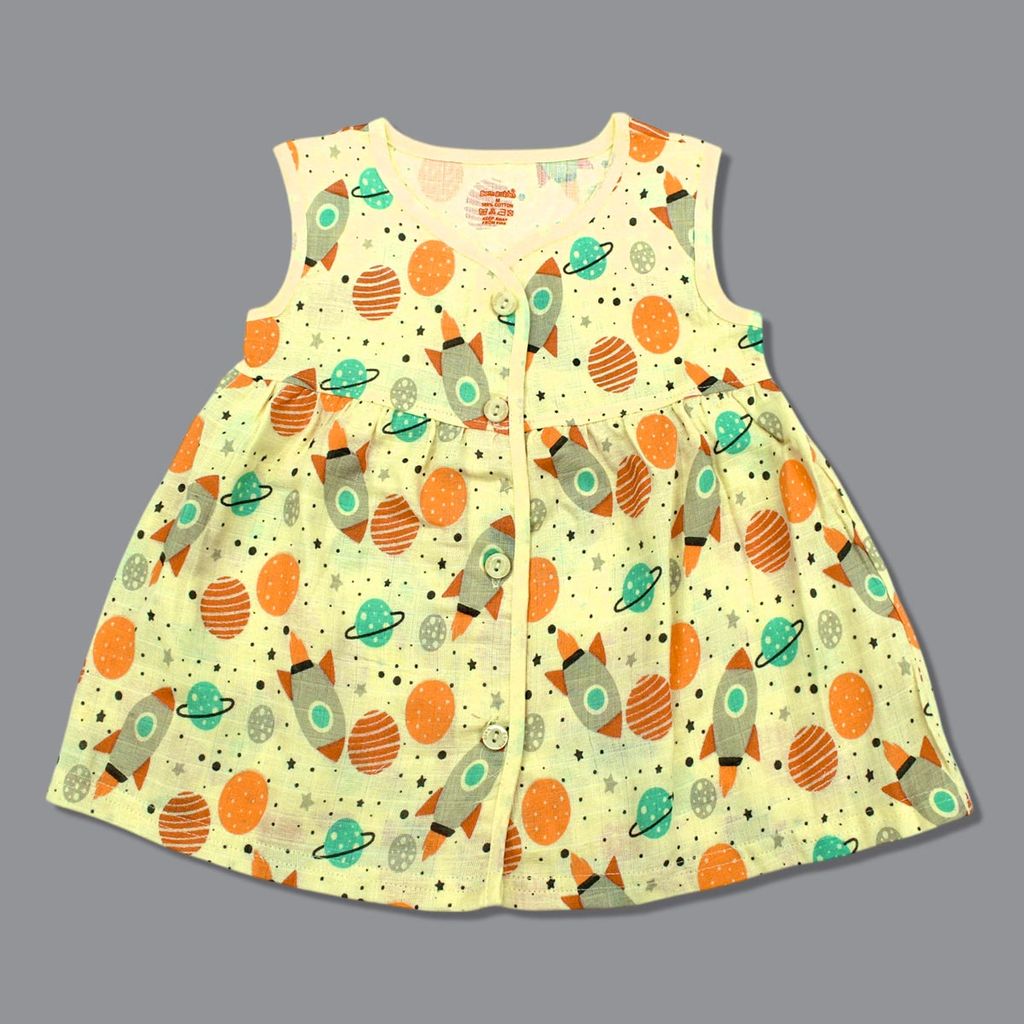 Baby Girl Organic cotton Sleeveles Printed Button Frock - Yellow (New Born)
