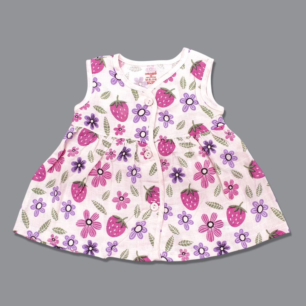 Baby Girl Organic cotton Sleeveles Printed Button Frock - Pink (New Born)