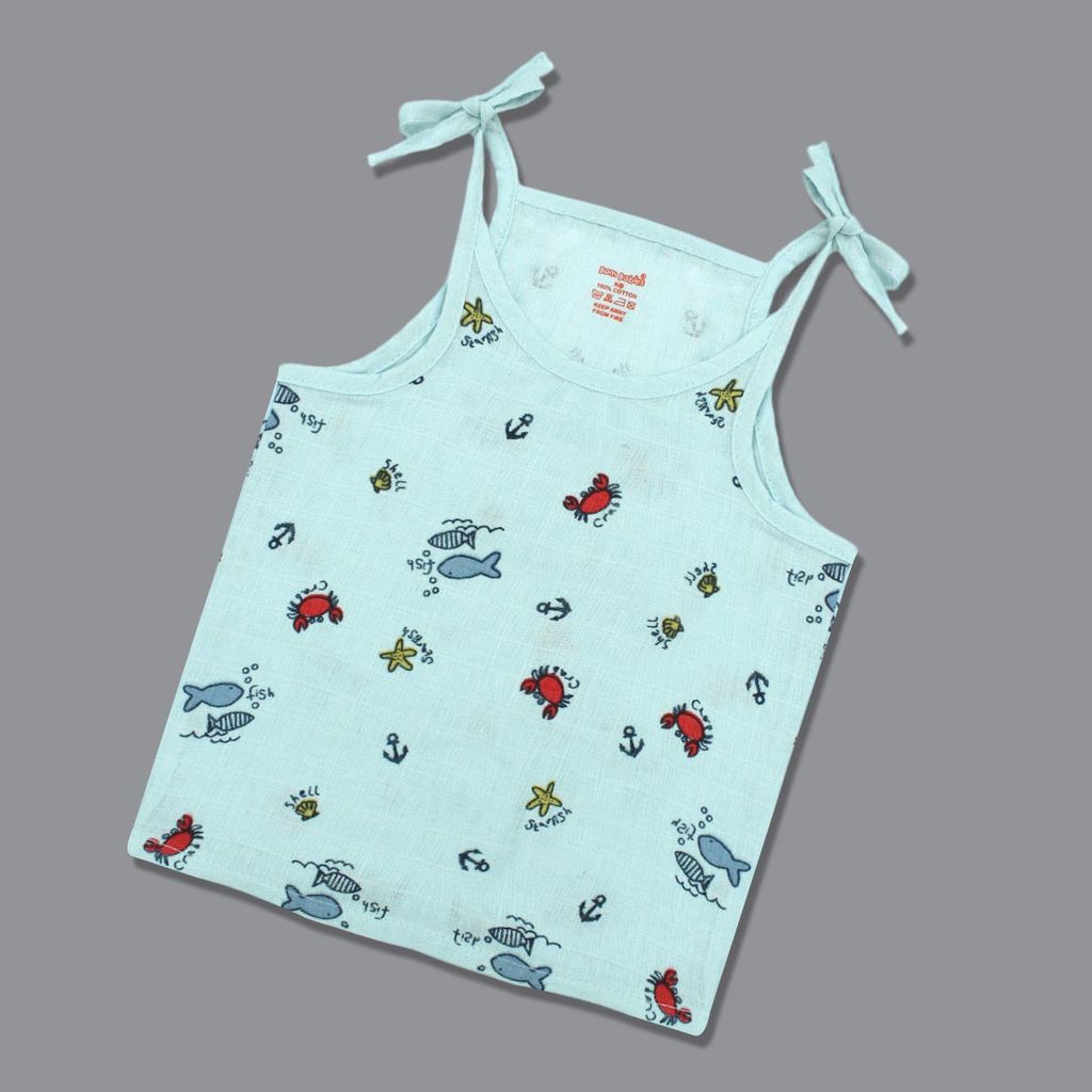 Born Babies Baby Boy & Baby Girl Organic cotton Printed Sleeveless Knotted Jabla - Light Blue (New Born)