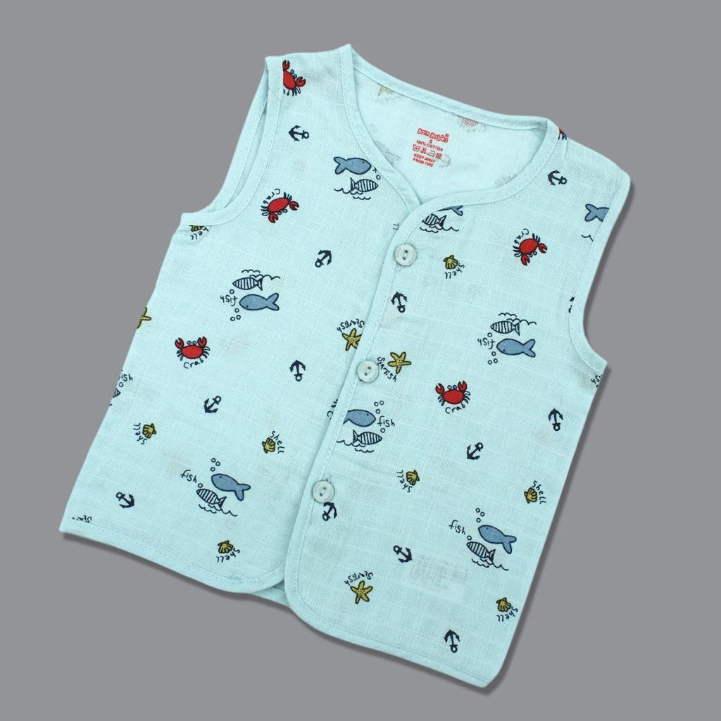 Born Babies Baby Boy & Baby Girl Organic cotton Printed Sleeveless Front Open Button Jablas - Light Blue (New Born)