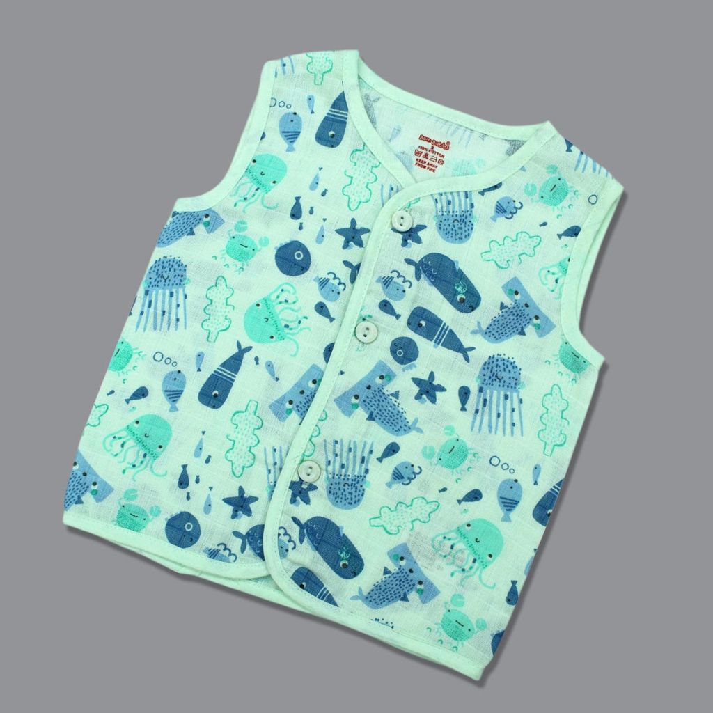 Born Babies Baby Boy & Baby Girl Organic cotton Printed Sleeveless Front Open Button Jablas - Light Green (New Born)