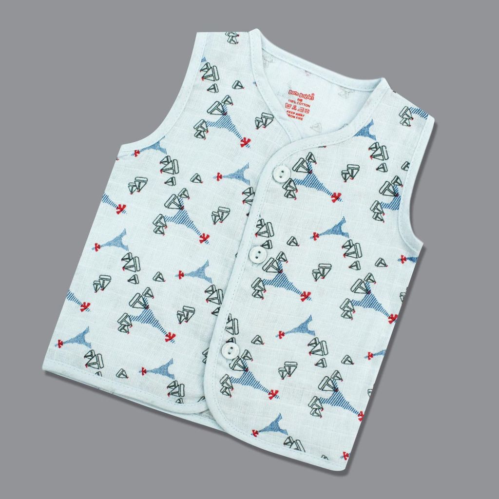 Born Babies Baby Boy & Baby Girl Organic cotton Printed Sleeveless Front Open Button Jablas-Light Blue (New Born)