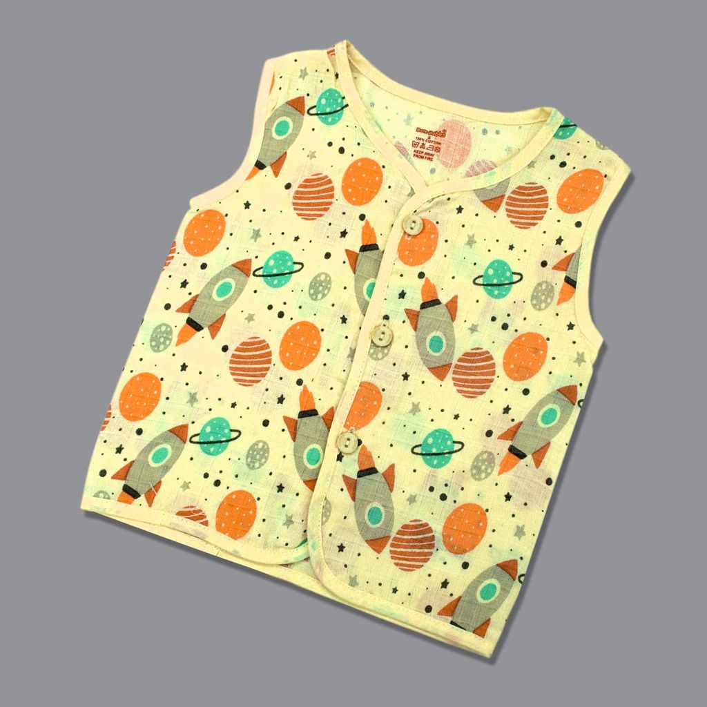 Born Babies Baby Boy & Baby Girl Organic cotton Printed Sleeveless Front Open Button Jablas-Yellow (New Born)