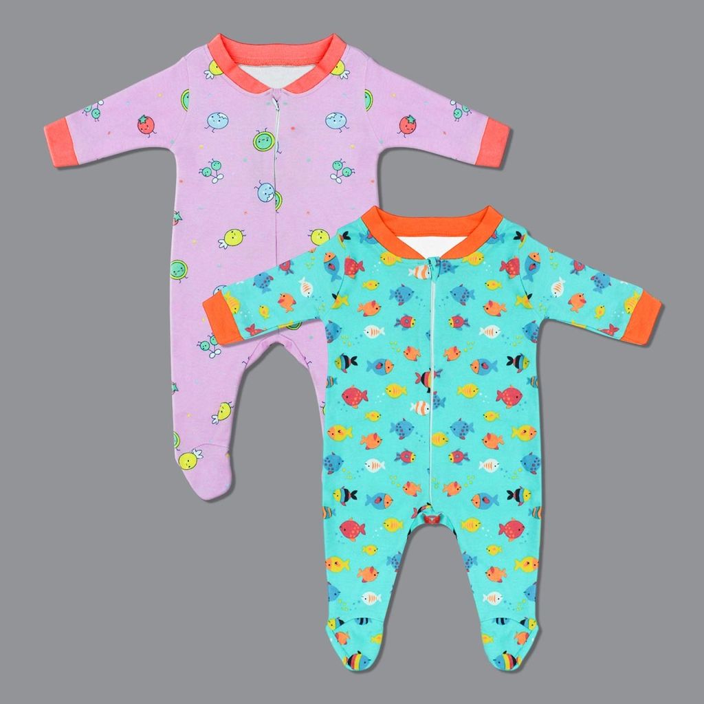 Born Babies Baby Boy & Baby Girl casual Cotton Printed Zipper Romper Multicolor (Pack Of 2) - (New Born)