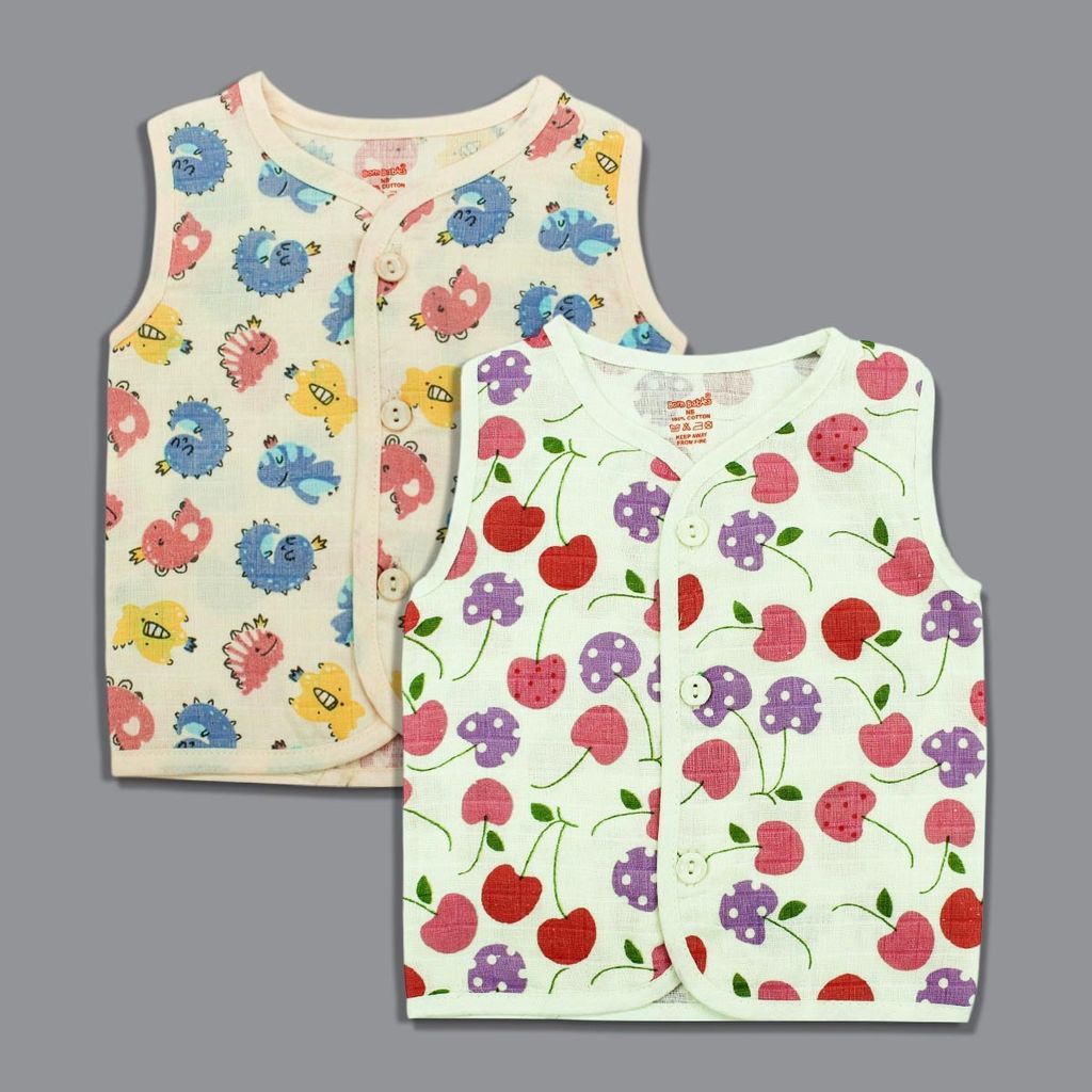 Born Babies Baby Boy & Baby Girl Organic cotton Printed Sleeveless Front Open Button Jabla Multicolor (Pack Of 2) - (New Born)