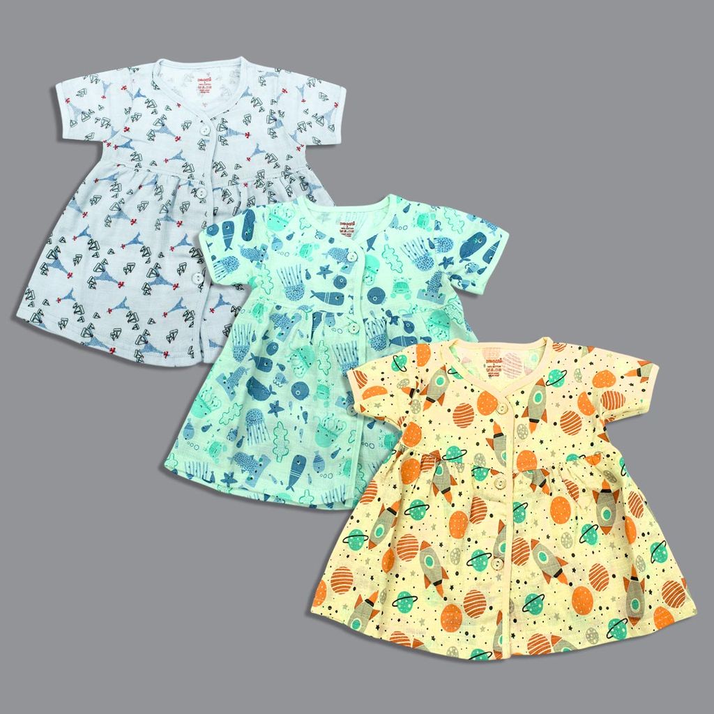 Baby Girl Organic cotton HalfSleeve Printed Button Frock (Pack Of 3) - Multicolor (New Born)