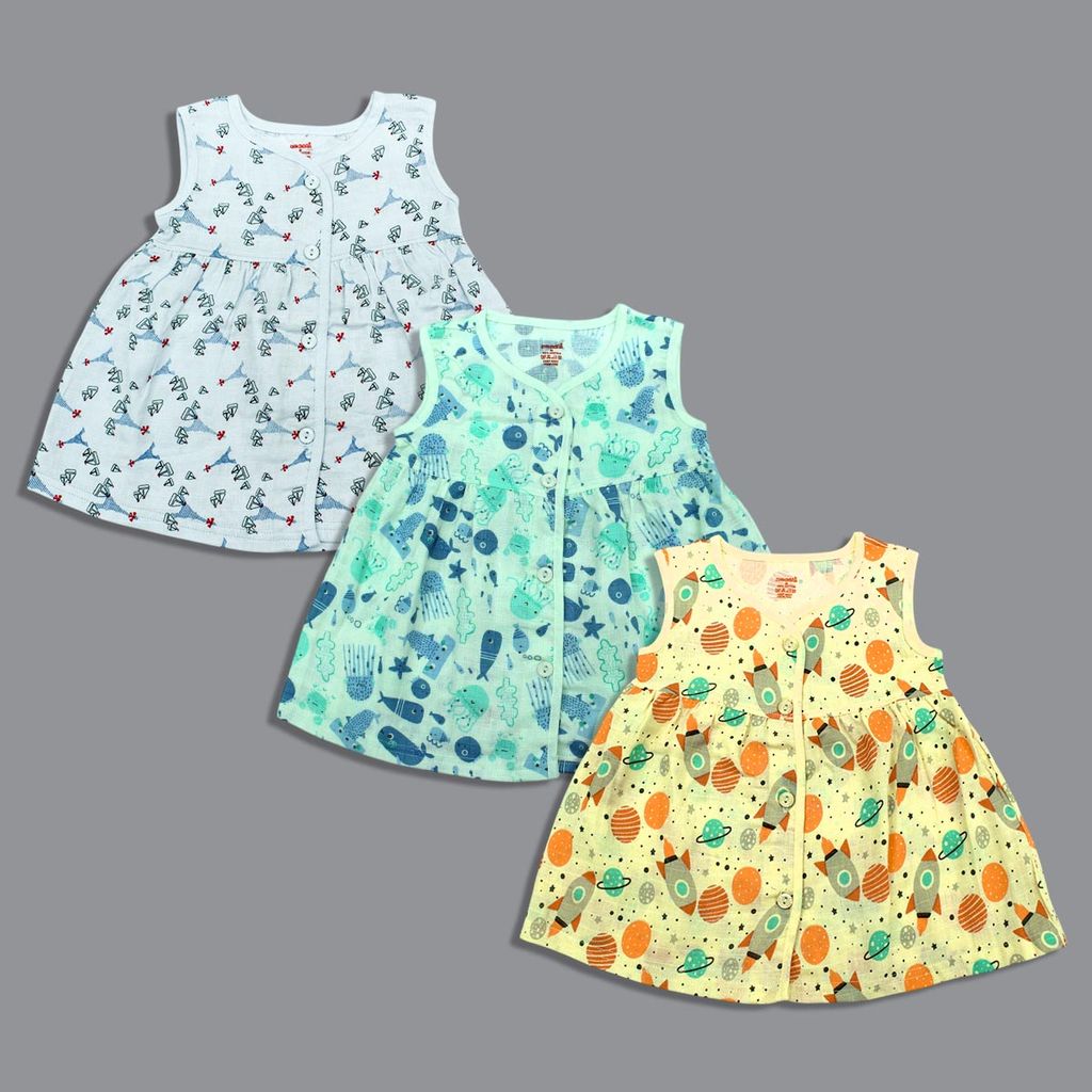Baby Girl Organic cotton Sleeveles Printed Button Frock (Pack Of 3)- Multicolor (New Born)