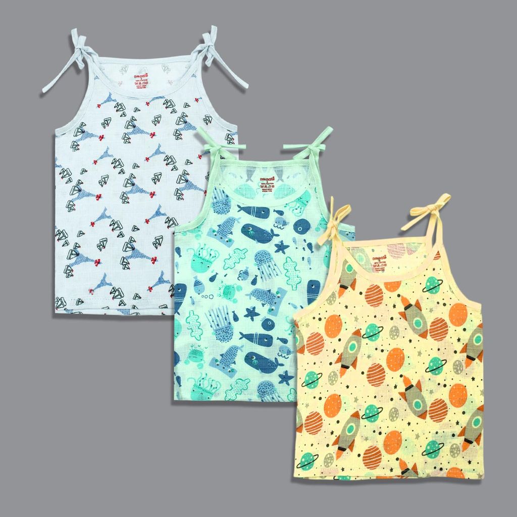Born Babies Baby Boy & Baby Girl Organic cotton Printed Sleeveless Knotted Jabla (Pack Of 3) - (New BORN)