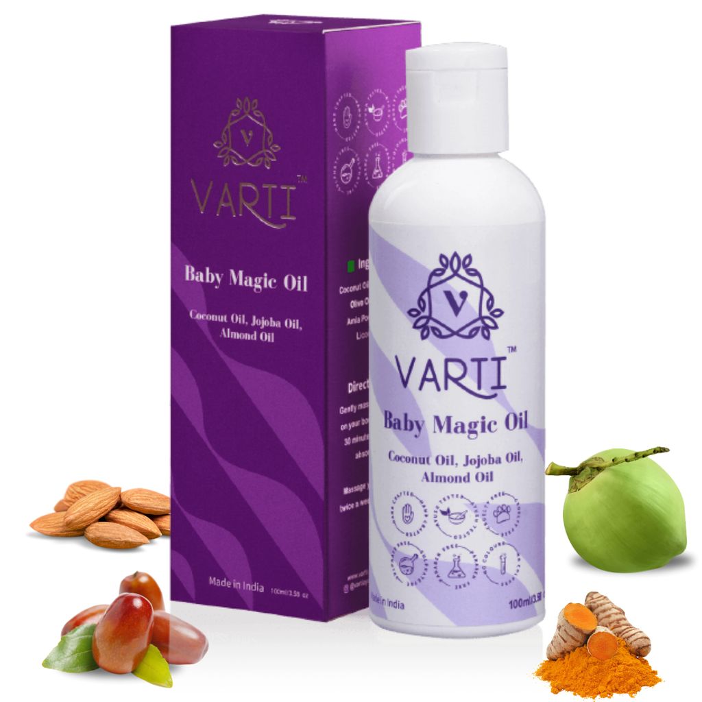 Varti Organic Baby Body Massage Oil100ml, 2x Faster Physical Growth for Stronger Bones and Muscles, Ayurvedic & 100% Chemical Free, Coconut, Almond, Neem & Turmeric, Moisturizing, Tested & Safe for Sensitive Skin - 100ml