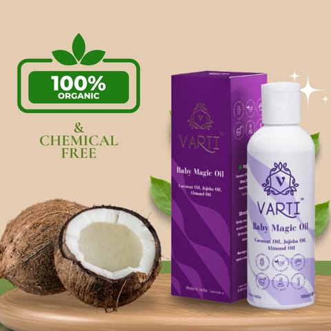 Varti Organic Baby Body Massage Oil100ml, 2x Faster Physical Growth for Stronger Bones and Muscles, Ayurvedic & 100% Chemical Free, Coconut, Almond, Neem & Turmeric, Moisturizing, Tested & Safe for Sensitive Skin - 100ml