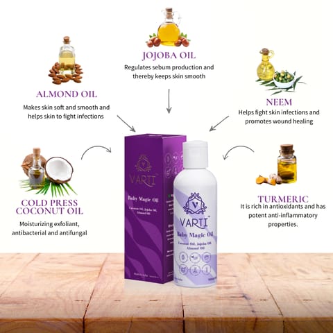 Varti Organic Baby Body Massage Oil100ml, 2x Faster Physical Growth for Stronger Bones and Muscles, Ayurvedic & 100% Chemical Free, Coconut, Almond, Neem & Turmeric, Moisturizing, Tested & Safe for Sensitive Skin - 100ml (Pack of 2)