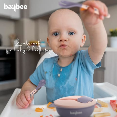 Baybee Baby Feeding Bowl with Lid, Spoon & Fork Set, for Baby Feeding, Baby Tableware Set Soft First Stage Feeding Baby Bowls Spoon Set | Baby Bowl & Spoon Set for Baby Kids (Dark Pink)