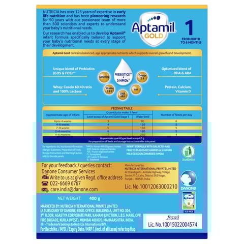 Aptamil Gold 1 Infant Formula Powder Upto 6 months, Stage 1-400g