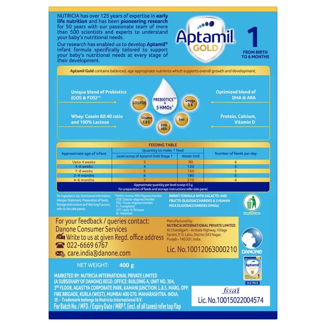 Aptamil Gold 1 Infant Formula Powder Upto 6 months, Stage 1-400g