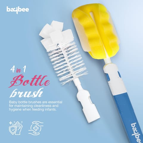BAYBEE 4 in 1 Nylon Bristles Baby Feeding Bottles & Nipple Cleaning Brush Easy Grip 360° Rotating Long Handle for Easy to Clean Bottle Neck & Corners for All Mugs & Cups (Blue)