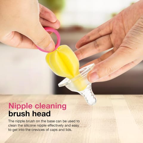 BAYBEE 4 in 1 Nylon Bristles Baby Feeding Bottles & Nipple Cleaning Brush Easy Grip 360° Rotating Long Handle for Easy to Clean Bottle Neck & Corners for All Mugs & Cups (Pink)