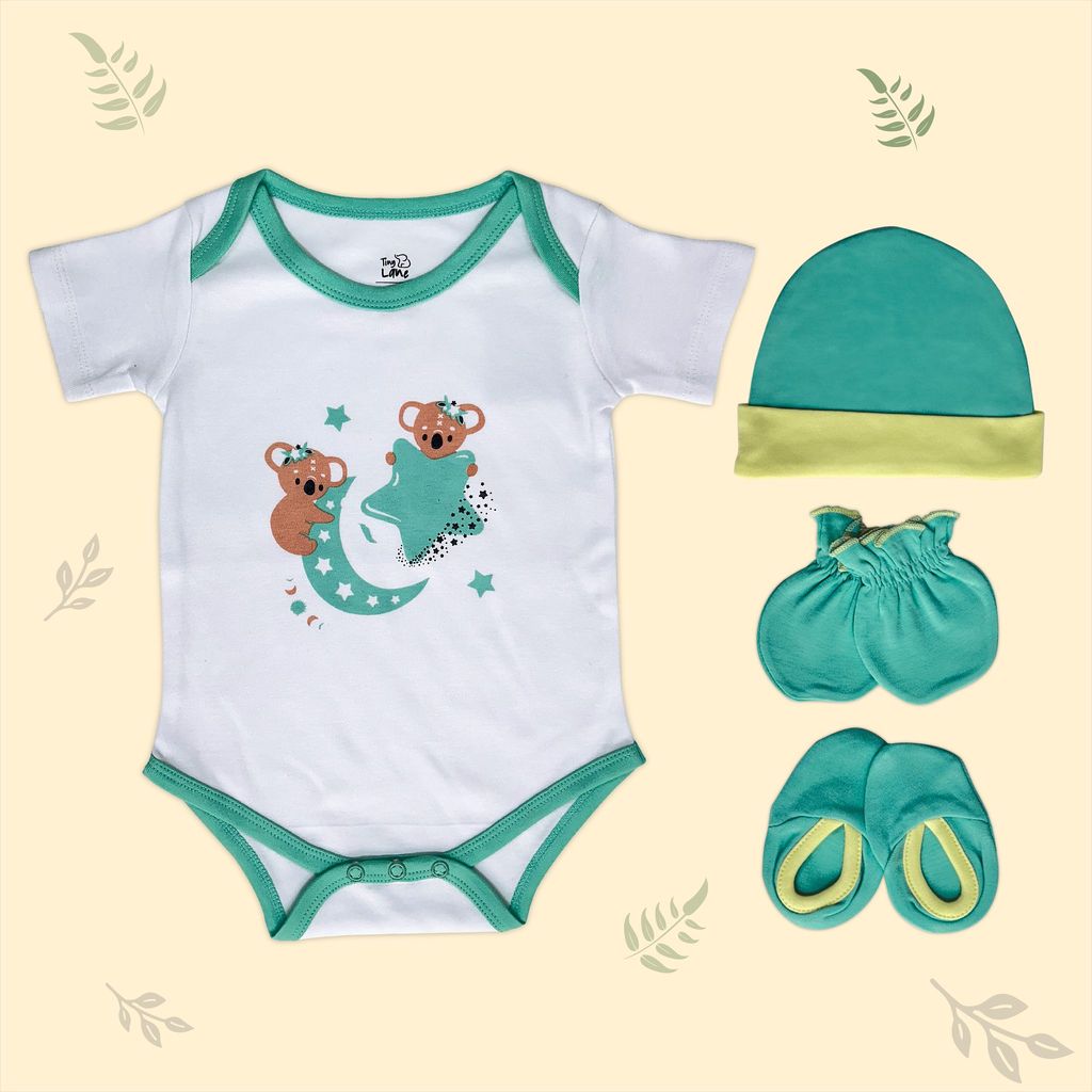 Krescent Koala Baby Onesie, Cap, Bootie & Mitten Set