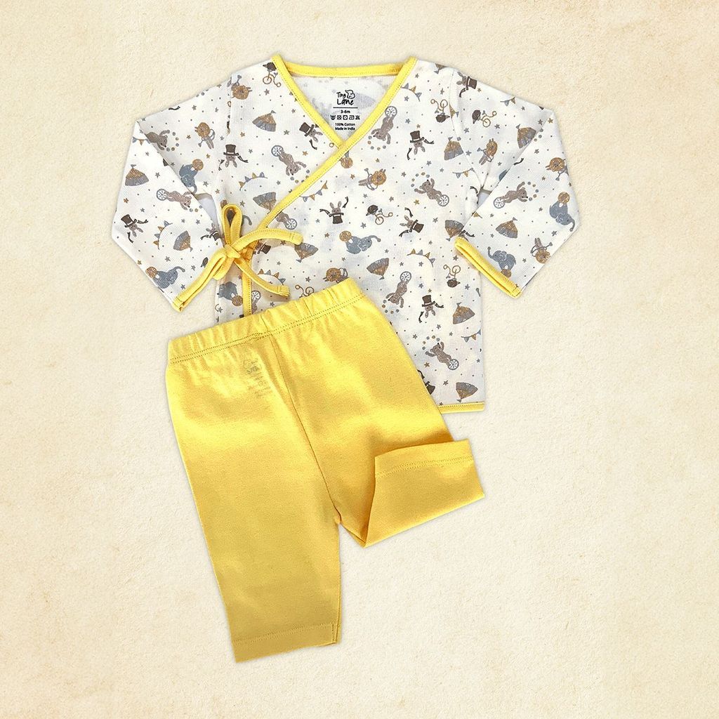 Tiny Lane Adorable and Comfortable Baby Clothing "Jungle Circus Sets" - Circus Jhabla, Lemon Yellow Pant, & Jungle Bib
