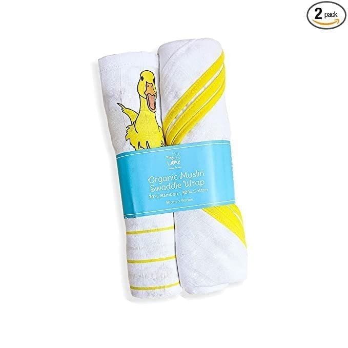 TinyLane 100% Organic Bamboo Cotton Muslin Baby Swaddle Wrappers Duck & Classic White Print Pack of 2 - Multicolor