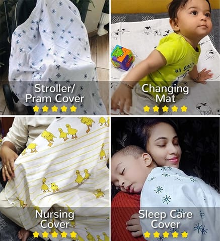 TinyLane 100% Organic Bamboo Cotton Muslin Baby Swaddle Wrappers Duck & Classic White Print Pack of 2 - Multicolor