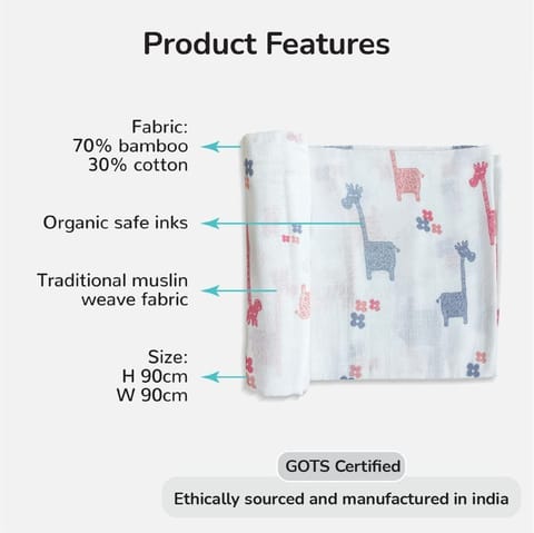 TinyLane 100% Organic Bamboo Cotton Muslin Baby Swaddle Wrapper Giraffe Print- Multicolor
