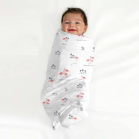 TinyLane 100% Organic Bamboo Cotton Muslin Baby Swaddle Wrapper Flamingo Print - Multicolor