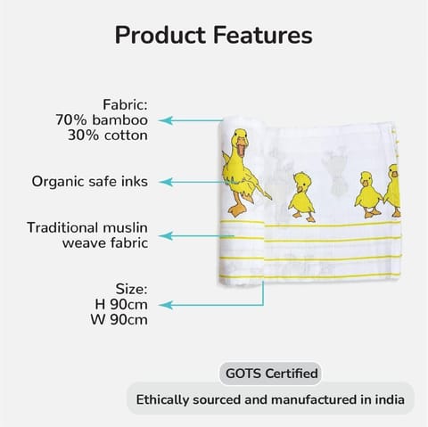 TinyLane 100% Organic Bamboo Cotton Muslin Baby Swaddle Wrapper Duck Print - Multicolor