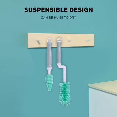 BAYBEE Plastic Silicone Bottle Cleaning Brush For Baby Feeding Bottle, Hangable & Portable Cup Brush Cleaning Kit With Bottle Brush, Straw Brush, Nipple Brush (Green)