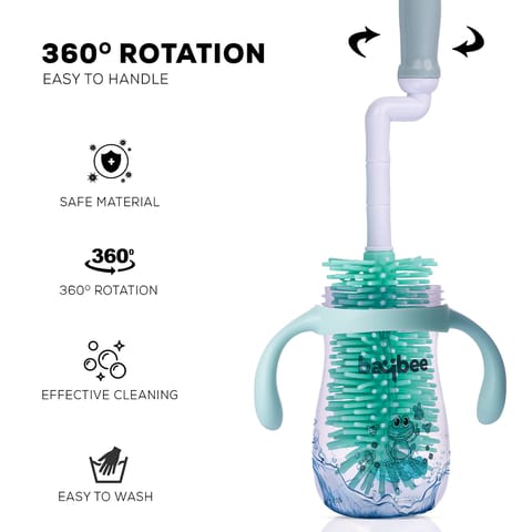 BAYBEE Plastic Silicone Bottle Cleaning Brush For Baby Feeding Bottle, Hangable & Portable Cup Brush Cleaning Kit With Bottle Brush, Straw Brush, Nipple Brush (Green)