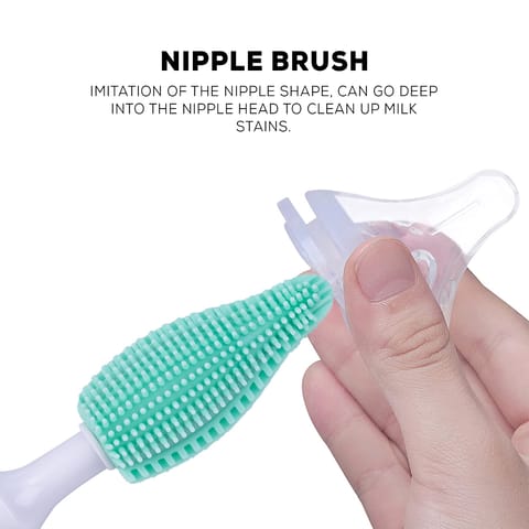 BAYBEE Plastic Silicone Bottle Cleaning Brush For Baby Feeding Bottle, Hangable & Portable Cup Brush Cleaning Kit With Bottle Brush, Straw Brush, Nipple Brush (Green)