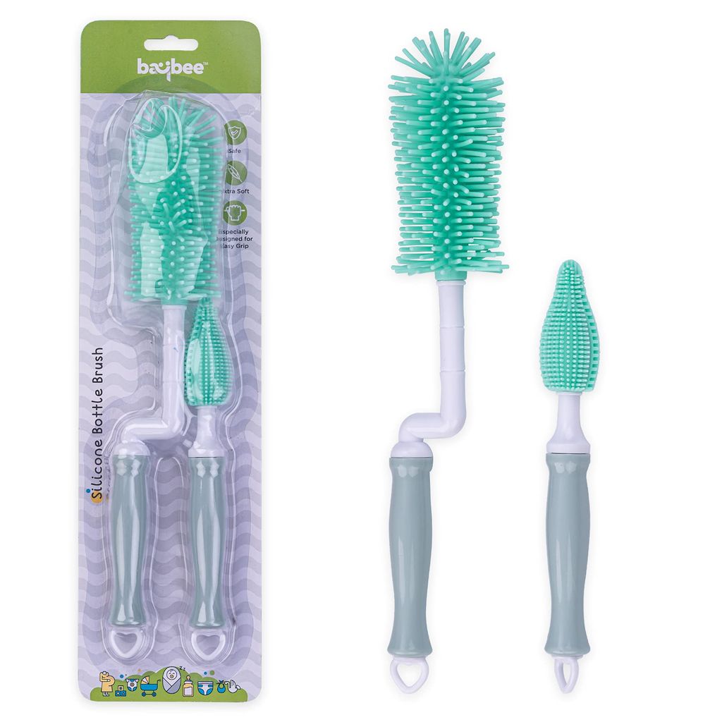 BAYBEE Plastic Silicone Bottle Cleaning Brush For Baby Feeding Bottle, Hangable & Portable Cup Brush Cleaning Kit With Bottle Brush, Straw Brush, Nipple Brush (Green)